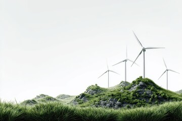 Wind turbines stand tall over grassy hills and rocky terrain under a clear sky in a modern renewable energy landscape