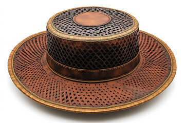 An intricate brown woven boater-style hat with a wide brim and leather details isolated on a white background.
