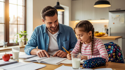 Father helping his daughter with homework at a well-lit kitchen table