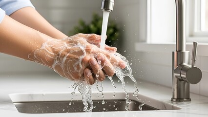 A person washes hands with soap and water at a kitchen sink, practicing proper hygiene to maintain cleanliness and prevent the spread of germs in daily life.