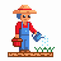 Obraz premium a farmer wearing a straw hat and red shirt is standing on a patch of land, holding a red bucket and watering a crop.