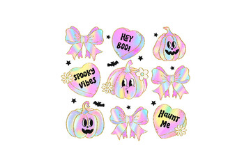 Iridescent Pastel Halloween Clipart Set with Ghosts and Pumpkins Sublimation Design