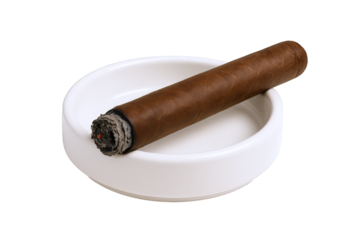 Burning cigar resting in a clean white ashtray, symbolizing relaxation and indulgence