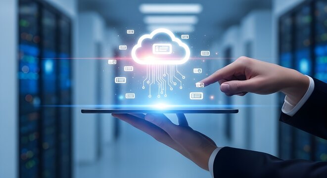 A person's hand interacts with a holographic cloud computing interface above a tablet, with server racks in the background, symbolizing data management and digital transformation.