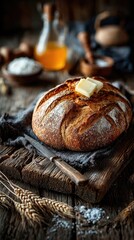 Rustic artisan loaf of bread on a wooden board