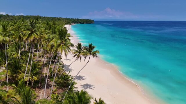 4K drone video of Mandel Beach, a beautiful white sand beach in The Banggai Islands in Sulawesi, Indonesia. You can see the bright blue ocean rolling against the shore of the white sand beach.