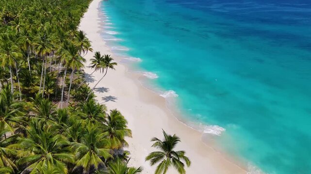 4K drone video showing Mandel Beach, a beautiful white sand beach in The Banggai Islands in Sulawesi, Indonesia. You can see the bright blue ocean rolling against the shore of the white sand beach