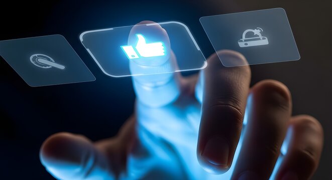 A close-up shot of a finger pressing a glowing blue thumb up button on a futuristic interface.