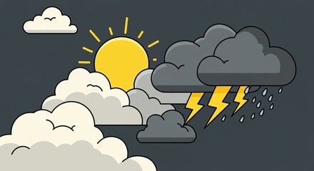 Weather Concept with Sun Clouds Lightning and Rain, Animated Style