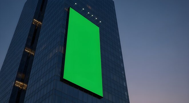 Large green screen digital billboard on the side of a modern skyscraper at twilight. - Powered by Adobe
