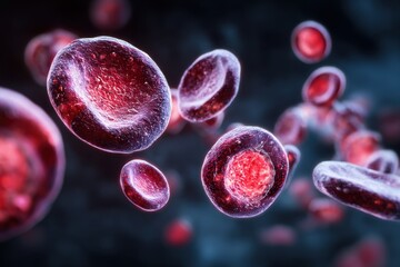 Microscopic view reveals blood cells infected by virus, showcasing intricate details of cellular structure and interactions in human physiology