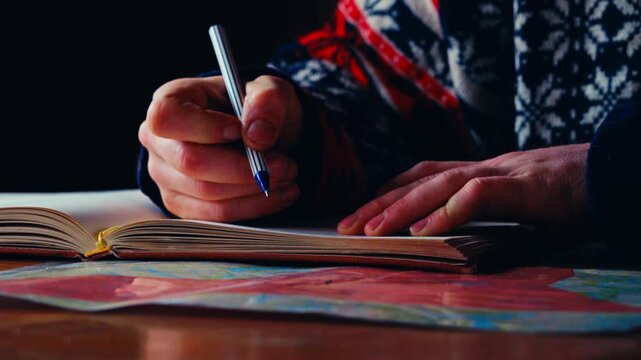 A Person Writes with a Ballpen in a Journal Laid Over a Colorful Page, Capturing a Quiet Indoor Moment of Reflection or Planning in Reinsjøen, Åfjord, Norway - Close-Up Shot - Powered by Adobe