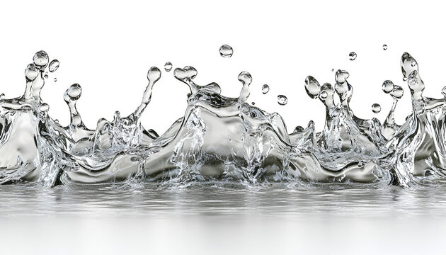 Clear, clean water splashing dynamically, creating ripples and flying droplets on a reflective surface against a white background.