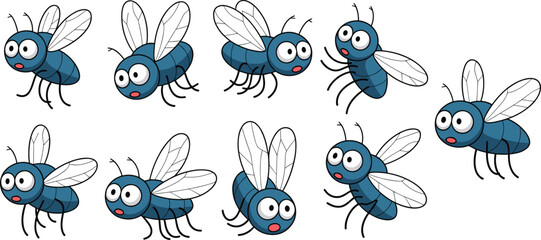 Cartoon blue flies collection, funny insect characters, cute flying bugs, vector clipart set, children’s illustration, expressive bug emotions, animal drawing