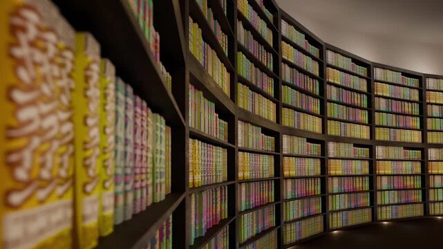 架空のコミック雑誌が並ぶ湾曲した本棚の横を進むシームレスなループアニメーション動画
