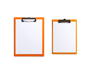 Blank paper on clipboard with pen, isolated on white background