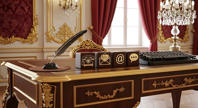 Ornate desk with communication icons and quill pen in a luxurious office.