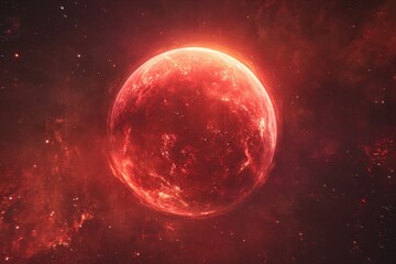 Obraz premium Vibrant red planet glowing amidst a cosmic backdrop in a futuristic depiction of deep space with swirling nebulae and distant star formations
