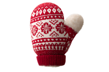   Christmas Mitten with Nordic Patterns and Fuzzy Edges, Front View.