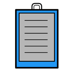 An icon of a blue clipboard with a gray paper and several lines