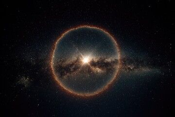 Naklejka premium A bright star shines within a fiery ring, set against a backdrop of a dark, star-filled cosmos