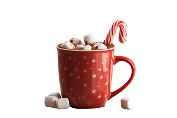   Christmas Mug with Hot Cocoa, Marshmallows, and Candy Stick, Side View.