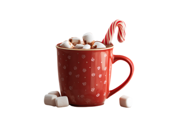   Christmas Mug with Hot Cocoa, Marshmallows, and Candy Stick, Side View.