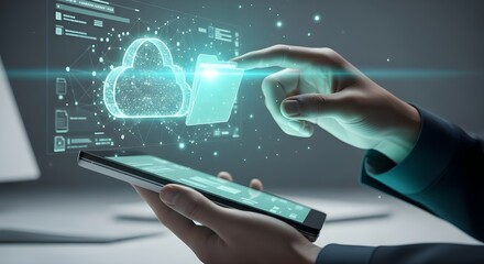Person interacting with a smartphone displaying a holographic cloud computing interface with data streams.