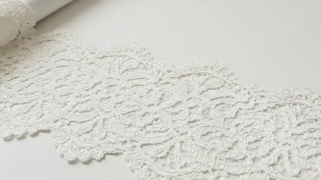 Elegant white lace fabric roll on a smooth surface