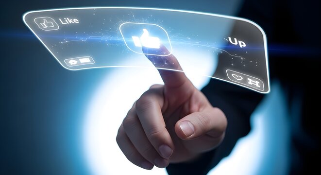 A finger touches a glowing thumbs-up 'Like' icon on a futuristic, transparent holographic screen.