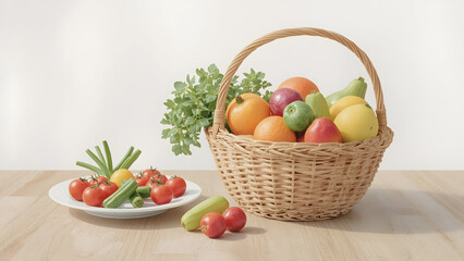 Abundant Harvest: Cheerful Watercolor of Fresh Produce on a Rustic Table, Inviting and Vibrant