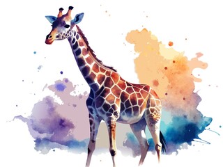 Dramatic watercolor giraffe, powerful stance, dark moody tones, conveying a sense of strength and mystery.
