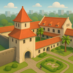 Naklejka premium Building with a tower, red roof, garden, and wall. Perfect for real estate, architecture, travel, and construction concepts.