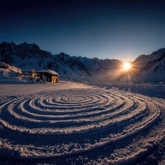 Snowy mountain sunset with spiral snow design