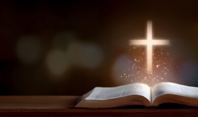 Naklejka premium A glowing cross with an open Bible underneath