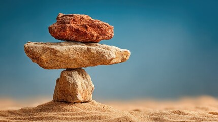 Three stones balanced precariously on sand against a blue sky