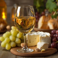 Naklejka premium Still life with white wine in glass grapes cheese and bread on wooden board