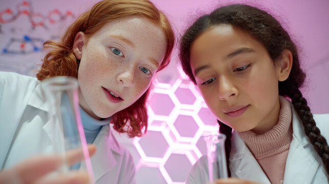 Young diverse female students conducting scientific experiment in modern laboratory. Girls in white lab coats using microscope for chemistry research and STEM education discovery learning.