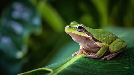 Obraz premium Green Frog on Vibrant Green Leaf: Studio Lighting Photography