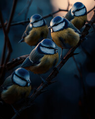 Blue Tits on Branch: Soft Light