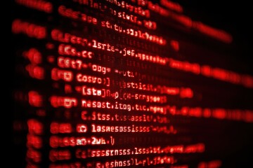 Displaying internet code through programming interface with red text illuminating a dark background, showcasing digital data and software processes in action