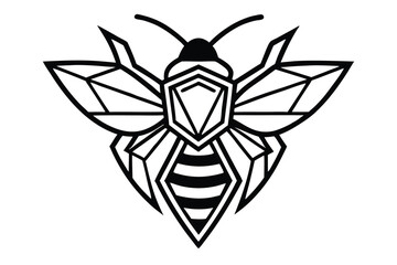 Geometric bee shows detailed black and white striped abdomen and faceted wing design