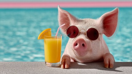 Pig is sitting in a pool with a glass of orange juice and sunglasses on
