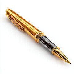 Close up of a luxurious gold pen on a clean surface. The pen is elegant and sleek, perfect for writing