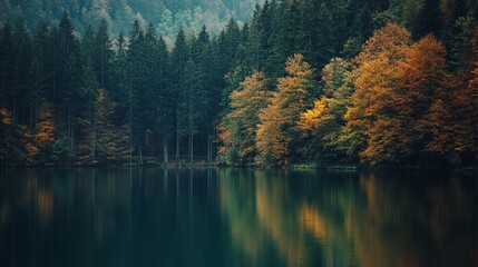 Autumnal lake reflecting a dark forest