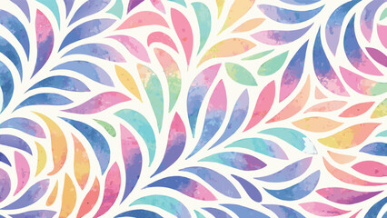 Watercolor pattern featuring a variety of colorful leaf shapes arranged in a flowing and organic design