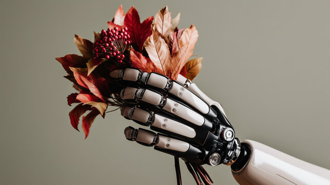 Robot hand holding autumn leaves bouquet. Technology meets nature concept for AI and seasonal marketing campaigns. Perfect for tech companies fall sales and innovation promotions.
