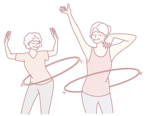 Two enthusiastic individuals are enjoying a joyful hula hooping session, promoting fun fitness and movement