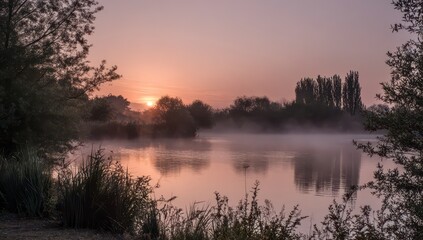 Fototapeta premium Misty sunrise over tranquil lake