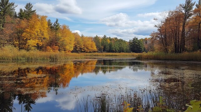 Autumnal pond reflecting a cloudy sky